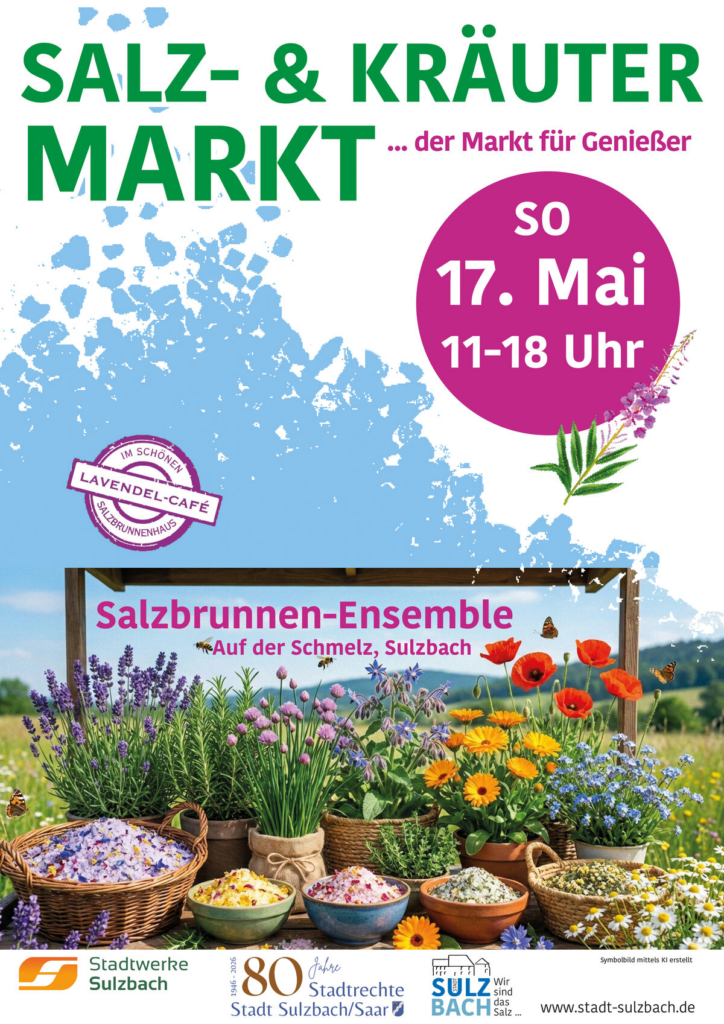 Salz- und Kräutermarkt … der Markt für Genießer.
So - 17. Mai, 11-18 Uhr
Im schönen Lavendel-Café Salzbrunnenhaus
Salzbrunnen-Ensemble
Auf der Schmelz, Sulzbach