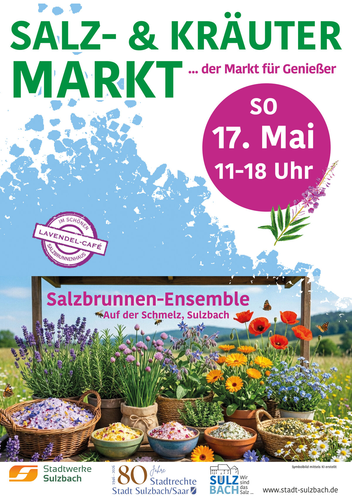 Salz- und Kräutermarkt … der Markt für Genießer. So - 17. Mai, 11-18 Uhr Im schönen Lavendel-Café Salzbrunnenhaus Salzbrunnen-Ensemble Auf der Schmelz, Sulzbach