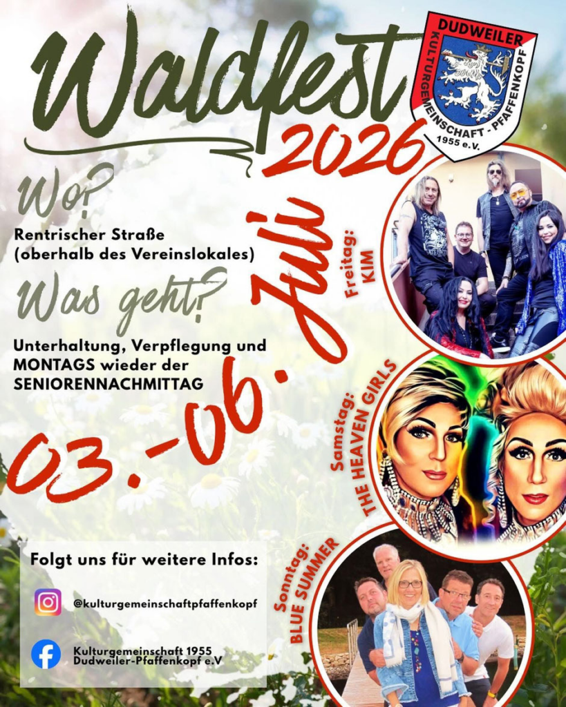 Flyer des Waldfests in Deutschland, verziert mit festlichen Motiven und wesentlichen Informationen zum Event