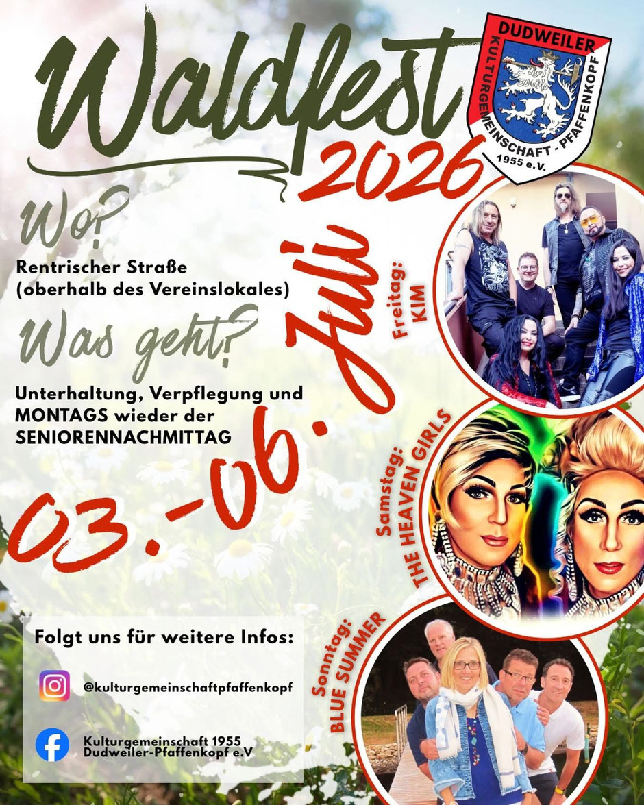 Flyer des Waldfests in Deutschland, verziert mit festlichen Motiven und wesentlichen Informationen zum Event